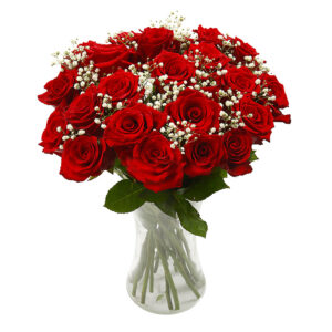 bouquet de roses rouges et gypsophile